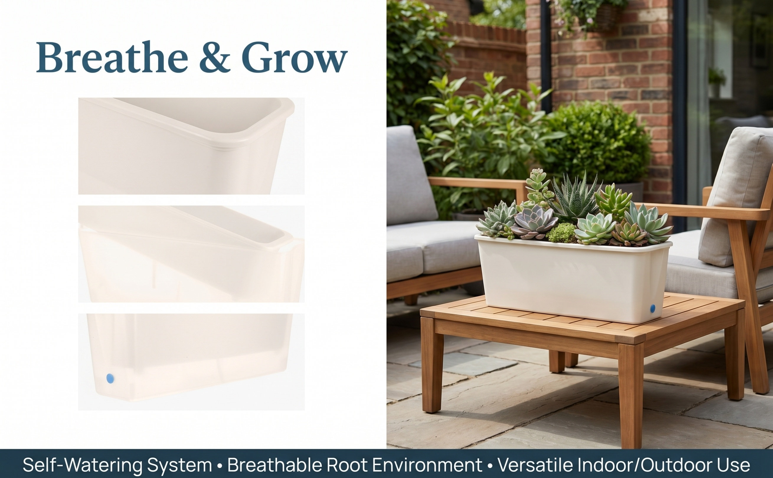 Self Watering Planter - Rechthoekige, smalle plantenbak met zelfwateringssysteem, geschikt